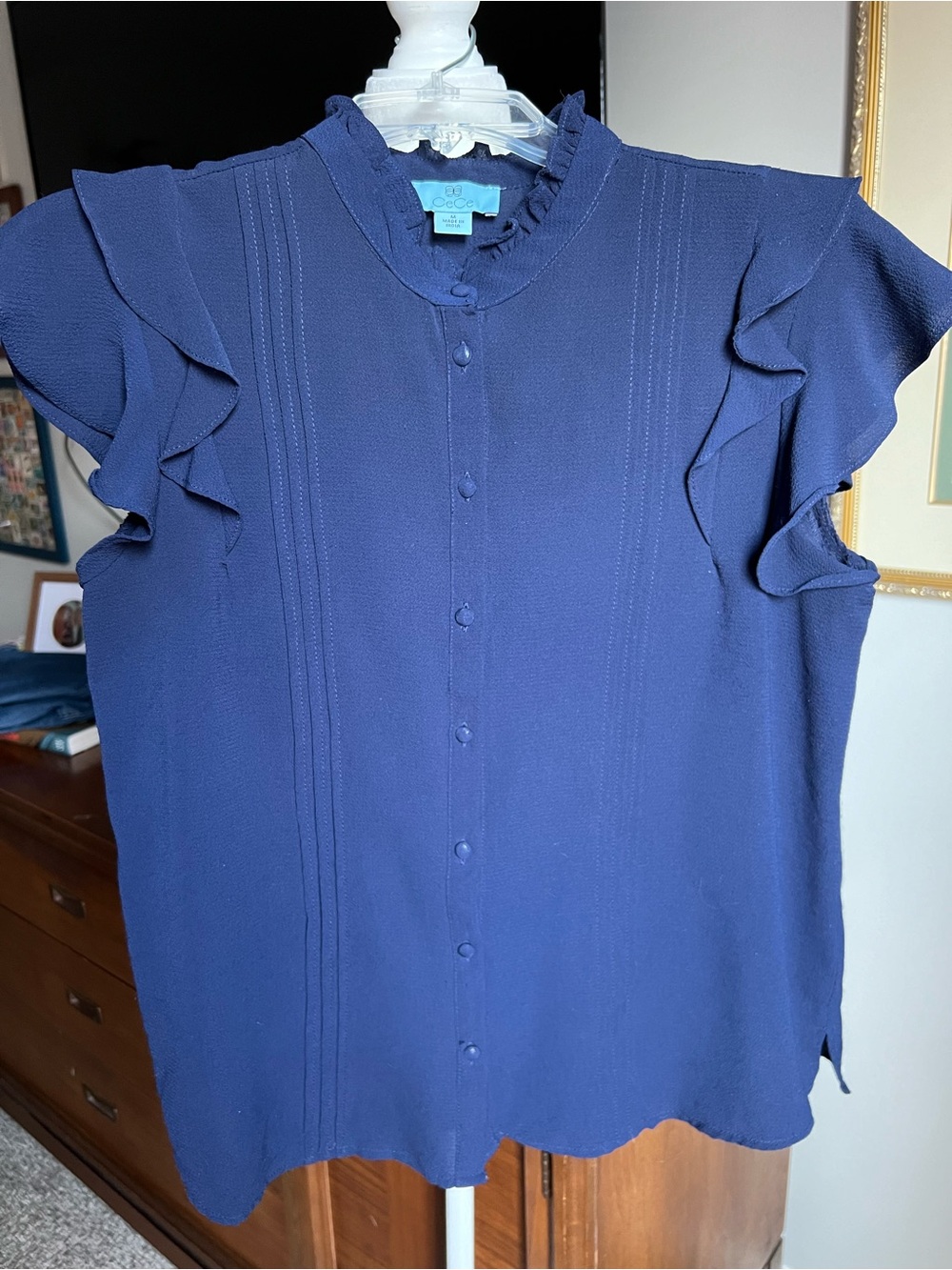 CeCe Navy Ruffle Sleeve Button-Front Blouse
